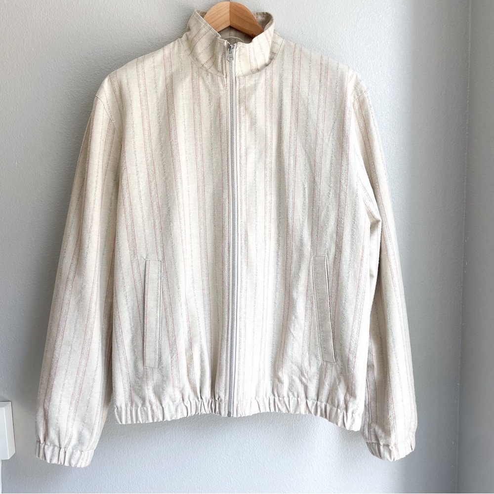 ZARA - Men’s Tweed Bomber Jacket (Beige with Red and Blue Pinstripes)